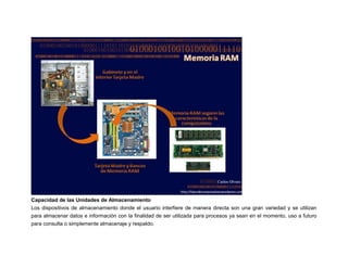 Capacidad de las Unidades de Almacenamiento
Los dispositivos de almacenamiento donde el usuario interfiere de manera directa son una gran variedad y se utilizan
para almacenar datos e información con la finalidad de ser utilizada para procesos ya sean en el momento, uso a futuro
para consulta o simplemente almacenaje y respaldo.

 