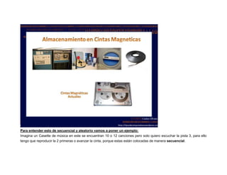 Para entender esto de secuencial y aleatorio vamos a poner un ejemplo:
Imagina un Casette de música en este se encuentran 10 o 12 canciones pero solo quiero escuchar la pista 3, para ello
tengo que reproducir la 2 primeras o avanzar la cinta, porque estas están colocadas de manera secuencial.

 