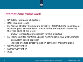 International framework
• UNCLOS: rights and obligations
• IMO: shipping issues
• EU Marine Strategy Framework Directive (...