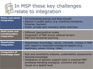 In MSP these key challenges
relate to integration
Policy and sector
integration
• Environmental policies and Blue Growth
• Sectors in public policy (e.g. maritime transports,
fisheries, tourism)
• Public, private and voluntary sector activities
Multi-scale and
transboundary
integration
• Different (geo)political scales
• Integration of MSP across national borders
• MSP and terrestrial planning
Stakeholder
integration
• Stakeholder knowledge, values, interests, critique in MSP
with regard to important procedural aspects (e.g.
legitimacy, power, timing, roles)
Integration of
knowledge base • Risk and uncertainty analysis, sustainability assessments
• Sectoral knowledge
• Integration of decision support tools in practical MSP
processes handling ecological, economic and social
issues on a spatial level 7/16
 