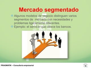 Mercado segmentado
Algunos modelos de negocio distinguen varios
segmentos de mercado con necesidades y
problemas ligeramente diferentes.
Ejemplo: el servicio que ofrece los bancos.
PRAGMATIK – Consultoría empresarial
 