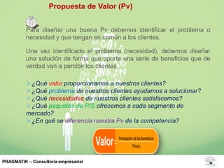 Propuesta de Valor (Pv)
Para diseñar una buena Pv debemos identificar el problema o
necesidad y que tengan en común a los clientes.
Una vez identificado el problema (necesidad), debemos diseñar
una solución de forma que aporte una serie de beneficios que de
verdad van a percibir los clientes.
¿Qué valor proporcionamos a nuestros clientes?
¿Qué problema de nuestros clientes ayudamos a solucionar?
¿Qué necesidades de nuestros clientes satisfacemos?
¿Qué paquetes de P/S ofrecemos a cada segmento de
mercado?
¿En qué se diferencia nuestra Pv de la competencia?
PRAGMATIK – Consultoría empresarial
 