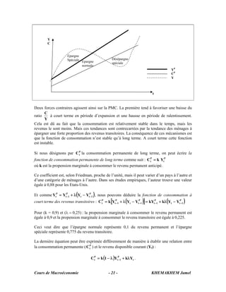 Cours de Macroéconomie KHEMAKHEM Jamel- 21 -
Deux forces contraires agissent ainsi sur la PMC. La première tend à favoriser une baisse du
ratio
Y
C
à court terme en période d’expansion et une hausse en période de ralentissement.
Cela est dû au fait que la consommation est relativement stable dans le temps, mais les
revenus le sont moins. Mais ces tendances sont contrecarrées par la tendance des ménages à
épargner une forte proportion des revenus transitoires. La conséquence de ces mécanismes est
que la fonction de consommation n’est stable qu’à long terme. A court terme cette fonction
est instable.
Si nous désignons par P
tC la consommation permanente de long terme, on peut écrire la
fonction de consommation permanente de long terme comme suit : P
t
P
t YkC =
où k est la propension marginale à consommer le revenu permanent anticipé.
Ce coefficient est, selon Friedman, proche de l’unité, mais il peut varier d’un pays à l’autre et
d’une catégorie de ménages à l’autre. Dans ses études empiriques, l’auteur trouve une valeur
égale à 0,88 pour les Etats-Unis.
Et comme ( )P
1tt
P
1t
P
t YYYY −− −λ+= , nous pouvons déduire la fonction de consommation à
court terme des revenus transitoires : ( )[ ] ( )P
1tt
P
1t
P
1tt
P
1t
P
t YYkkYYYYkC −−−− −λ+=−λ+=
Pour (k = 0,9) et (λ = 0,25) : la propension marginale à consommer le revenu permanent est
égale à 0,9 et la propension marginale à consommer le revenu transitoire est égale à 0,225.
Ceci veut dire que l’épargne normale représente 0,1 du revenu permanent et l’épargne
spéciale représente 0,775 du revenu transitoire.
La dernière équation peut être exprimée différemment de manière à établir une relation entre
la consommation permanente ( P
tC ) et le revenu disponible courant (Yt) :
( ) t
P
1t
P
t YkY1kC λ+λ−= − .
Y
C
YP
CP
Y
Epargne
Spéciale Désépargne
spécialeEpargne
normale
t
 