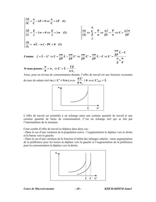 Cours de Macroéconomie KHEMAKHEM Jamel- 40 -
r
o
r
oooo
w
C
LLw
P
w
:posonsnousSi
P
w
CL
P
w
LCL
P
w
L
P
w
L
P
w
L
P
w
CLLComme
)3(0PC-wLw
Z
P
w
C
w
P
Cw
PC
)2(
)1(
)2(w0w
Z
)1(P
C
0P
CC
Z
α
β
−=⇒=
∗
β
α
−
β
α
=⇒−
β
α
=
β
α
⇔
β
α
−
β
α
=⇒−=
⎪
⎪
⎪
⎪
⎩
⎪
⎪
⎪
⎪
⎨
⎧
=−=
λ∂
∂
⎪
⎪
⎩
⎪⎪
⎨
⎧
β
α
=⇔=
β
α
⇔=
β
α
⇔λ=
β
⇔=λ−
β
=
∂
∂
λ=
α
⇔=λ−
α
=
∂
∂
L
L
LL
L
LLL
Ainsi, pour un niveau de consommation donnée, l’offre de travail est une fonction croissante
du taux de salaire réel (wr) : Lo
= f (wr) avec 0
wd
Ld
r
o
〉 avec Lo
max = L
L’offre de travail est assimilée à un échange entre une certaine quantité de travail et une
certaine quantité de biens de consommation. C’est un échange réel qui se fait par
l’intermédiaire de la monnaie.
Cette courbe d’offre de travail se déplace dans deux cas :
- Dans le cas d’une variation de la population active : l’augmentation la déplace vers la droite
et la baisse vers la gauche.
- Dans le cas d’une variation de la fonction d’utilité des ménages salariés : toute augmentation
de la préférence pour les loisirs la déplace vers la gauche et l’augmentation de la préférence
pour la consommation la déplace vers la droite.
wr
L L ’ Lo
wr
L Lo
 
