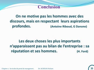 35Chapitre 2 : les écoles de pensé de management Dr. ACHELHI Hicham
On ne motive pas les hommes avec des
discours, mais en respectant leurs aspirations
profondes. (Antoine Riboud, G Danone)
Les deux choses les plus importants
n’apparaissent pas au bilan de l’entreprise : sa
réputation et ses hommes. (H. Ford)
Conclusion
 