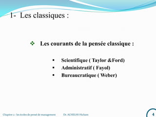 1- Les classiques :
 Les courants de la pensée classique :
 Scientifique ( Taylor &Ford)
 Administratif ( Fayol)
 Bureaucratique ( Weber)
4Chapitre 2 : les écoles de pensé de management Dr. ACHELHI Hicham
 