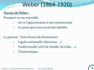 Chapitre 2 : les écoles de pensé de management Dr. ACHELHI Hicham
Weber (1864-1920)
Travaux de Weber :
Pourquoi on est ensemble,
• est ce l’appartenance à une communauté
• ou parce que nous avons des intérêts.
Le pouvoir : Trois formes de domination :
• Légale-rationnelle (directeur, …)
• Traditionnelle (chef de famille, de tribu, …)
• Charismatique.
8
 