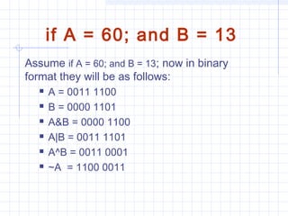 if A = 60; and B = 13
Assume if A = 60; and B = 13; now in binary
format they will be as follows:
 A = 0011 1100
 B = 0000 1101
 A&B = 0000 1100
 A|B = 0011 1101
 A^B = 0011 0001
 ~A  = 1100 0011
 