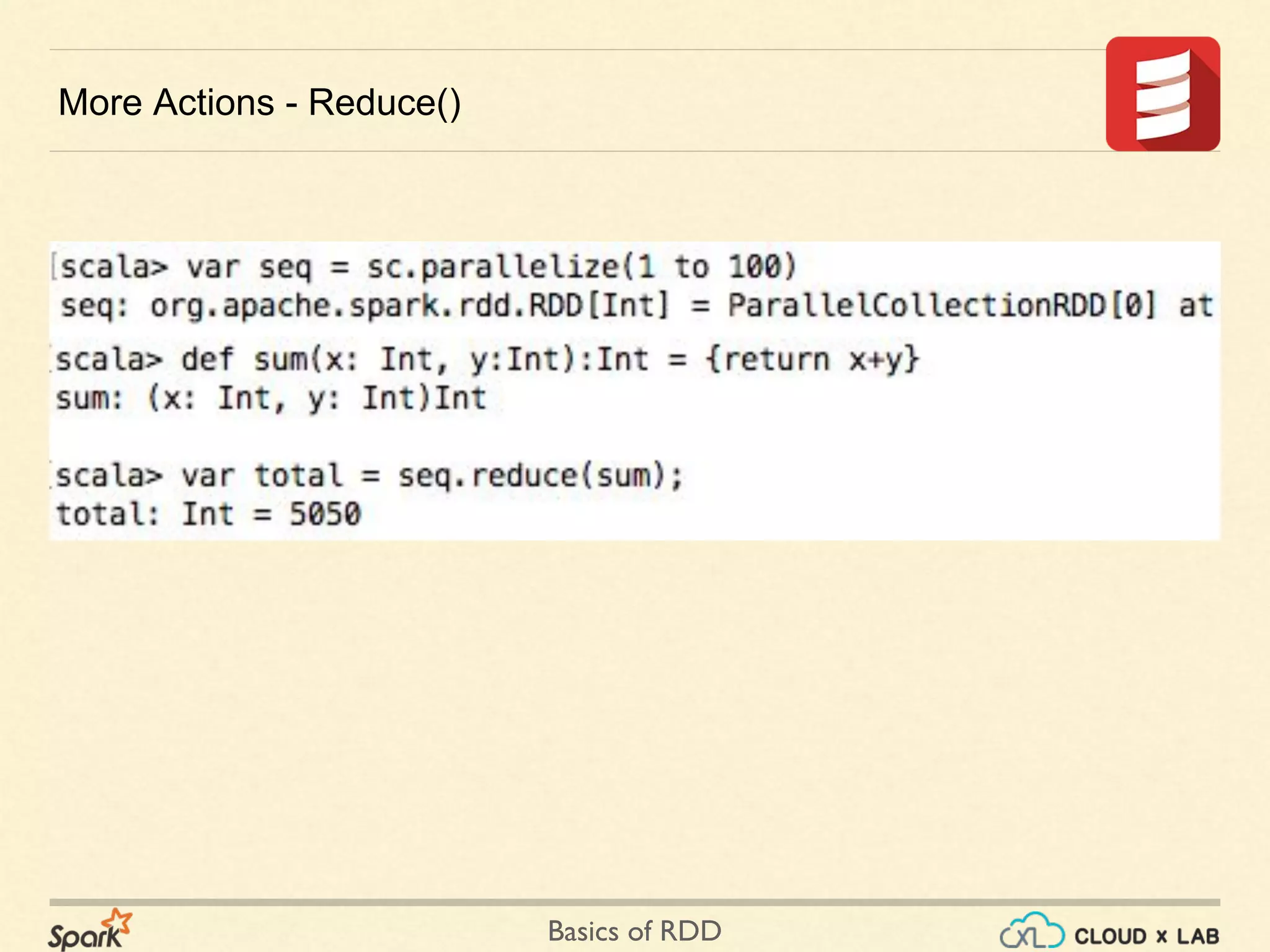 Basics of RDD
More Actions - Reduce()
 