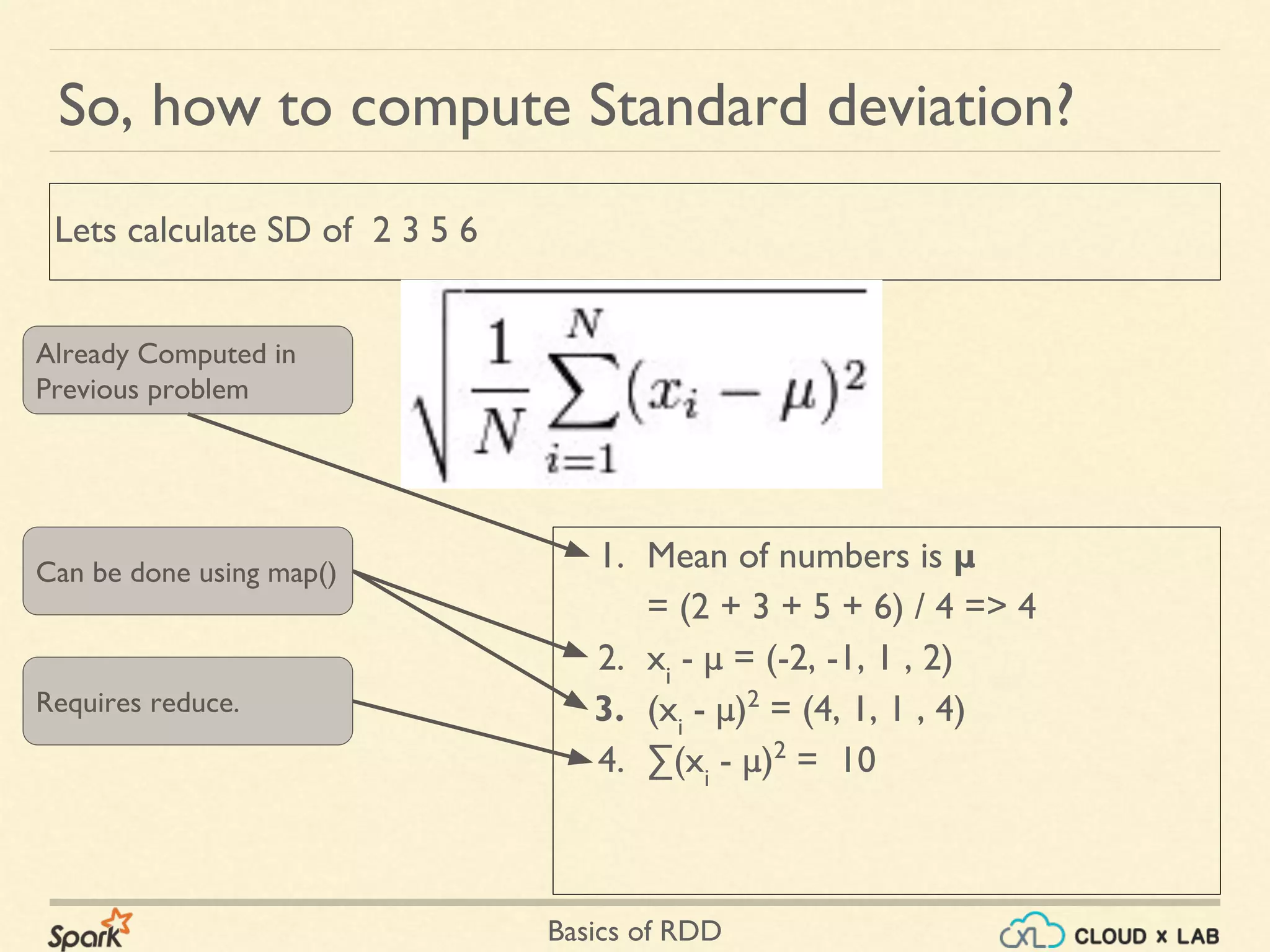 Basics of RDD
1. Mean of numbers is μ
= (2 + 3 + 5 + 6) / 4 => 4
2. xi
- μ = (-2, -1, 1 , 2)
3. (xi
- μ)2
= (4, 1, 1 , 4)
4. ∑(xi
- μ)2
= 10
So, how to compute Standard deviation?
Lets calculate SD of 2 3 5 6
Already Computed in
Previous problem
Can be done using map()
Requires reduce.
 