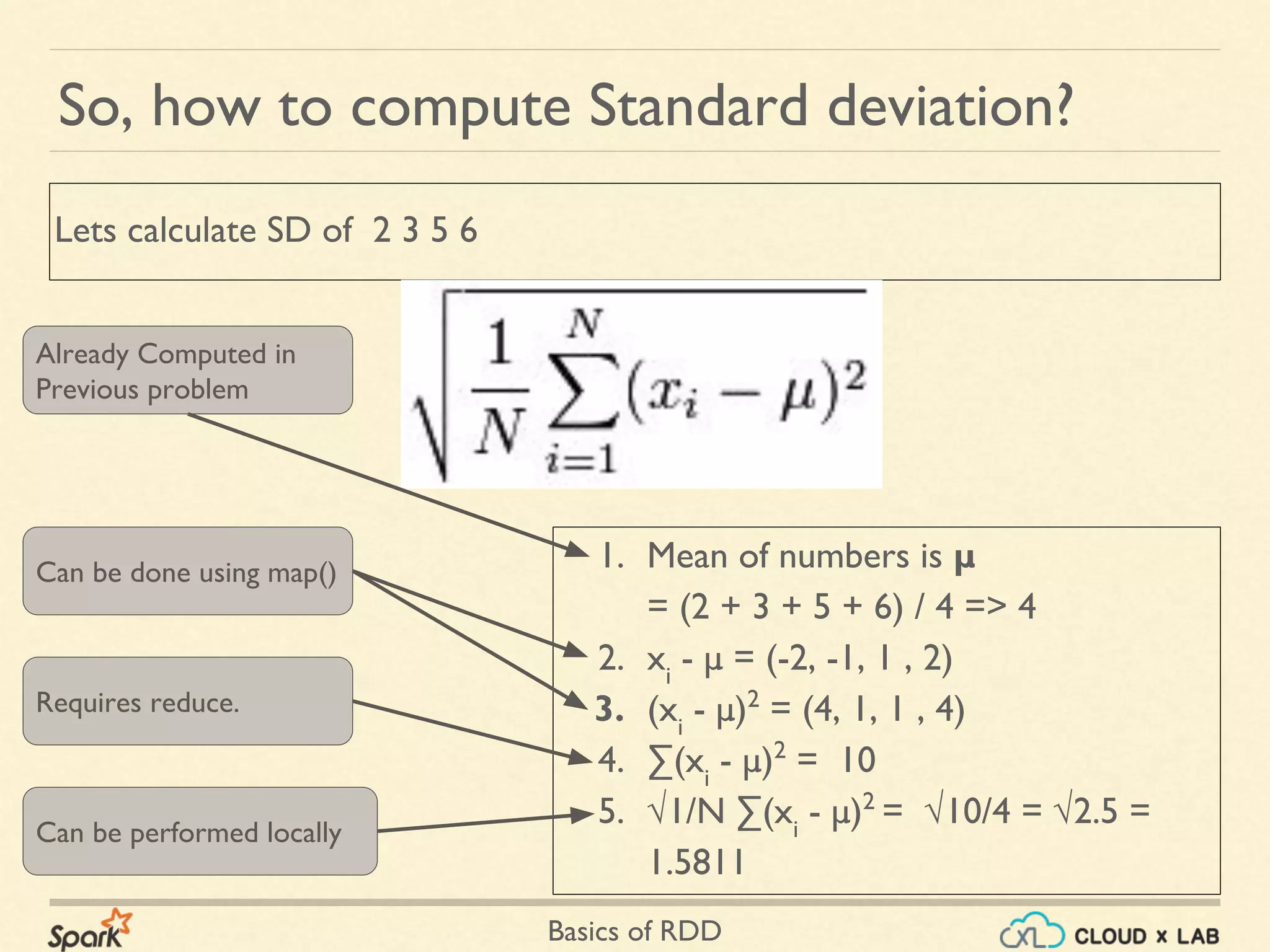 Basics of RDD
1. Mean of numbers is μ
= (2 + 3 + 5 + 6) / 4 => 4
2. xi
- μ = (-2, -1, 1 , 2)
3. (xi
- μ)2
= (4, 1, 1 , 4)
4. ∑(xi
- μ)2
= 10
5. √1/N ∑(xi
- μ)2
= √10/4 = √2.5 =
1.5811
So, how to compute Standard deviation?
Lets calculate SD of 2 3 5 6
Already Computed in
Previous problem
Can be done using map()
Requires reduce.
Can be performed locally
 