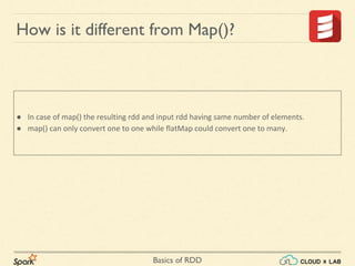 Basics of RDD
How is it different from Map()?
● In case of map() the resulting rdd and input rdd having same number of elements.
● map() can only convert one to one while flatMap could convert one to many.
 