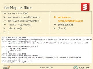Basics of RDD
flatMap as filter
➢ var arr = 1 to 1000
➢ var nums = sc.parallelize(arr)
➢ def isEven(x:Int):Array[Int] = {
➢ if(x%2 == 0) Array(x)
➢ else Array()
➢ }
➢ var evens =
nums.flatMap(isEven)
➢ evens.take(3)
➢ [2, 4, 6]
 