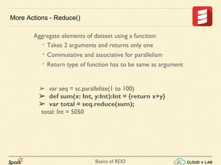 Basics of RDD
More Actions - Reduce()
➢ var seq = sc.parallelize(1 to 100)
➢ def sum(x: Int, y:Int):Int = {return x+y}
➢ var total = seq.reduce(sum);
total: Int = 5050
Aggregate elements of dataset using a function:
• Takes 2 arguments and returns only one
• Commutative and associative for parallelism
• Return type of function has to be same as argument
 