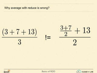 Basics of RDD
Why average with reduce is wrong?
!=
 