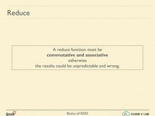 Basics of RDD
Reduce
A reduce function must be
commutative and associative
otherwise
the results could be unpredictable and wrong.
 