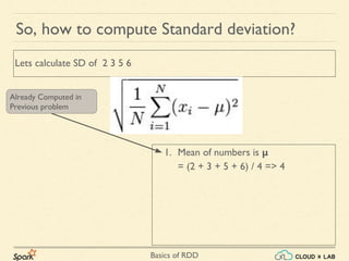 Basics of RDD
So, how to compute Standard deviation?
Lets calculate SD of 2 3 5 6
Already Computed in
Previous problem
1. Mean of numbers is μ
= (2 + 3 + 5 + 6) / 4 => 4
 
