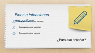 Fines e intenciones
educativas
4
Concepciones de ser humano
Concepciones de sociedad
Concepciones de escuela
¿Para qué enseñar?
 