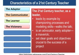 https://edorigami.wikispaces.com/21st+Century+Teacher
The Adaptor
The Communicator
The Learner
The Visionary
The Leader
The Model
The Collaborator
The Risk taker
Characteristics of a 21st Century Teacher
The 21st Century teacher, as a
leader,
• leads by example by
championing processes and
modeling skills—walks the talk;
• is an advocator, early adopter—
a maverick;
• set clear goals and objectives
crucial to the success of a
project
 