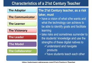 https://edorigami.wikispaces.com/21st+Century+Teacher
The Adaptor
The Communicator
The Learner
The Visionary
The Leader
The Model
The Collaborator
The Risk taker
Characteristics of a 21st Century Teacher
The 21st Century teacher, as a risk
taker, must
• have a vision of what s/he wants and
what the technology can achieve to
be able to identify goals and facilitate
learning
• take risks and sometimes surrender to
the students’ knowledge and use the
strengths of these digital natives to
understand and navigate
products
have students teach each other
 