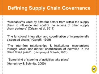 10
Defining Supply Chain Governance
“Mechanisms used by different actors from within the supply
chain to influence and control the actions of other supply
chain partners” (Crisan, et al, 2011)
“The functional integration and coordination of internationally
dispersed chains” (Gereffi, 1999)
“The inter-firm relationships & institutional mechanisms
through which non-market coordination of activities in the
chain takes place”. (Humphrey & Schmitz, 2001)
“Some kind of steering of activities take place”
(Humphrey & Schmitz, 2000)
 