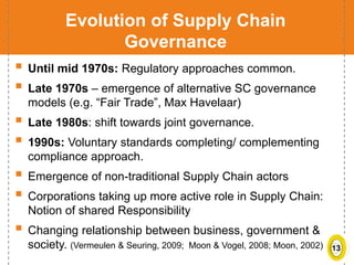 13
Evolution of Supply Chain
Governance
 Until mid 1970s: Regulatory approaches common.
 Late 1970s – emergence of alternative SC governance
models (e.g. “Fair Trade”, Max Havelaar)
 Late 1980s: shift towards joint governance.
 1990s: Voluntary standards completing/ complementing
compliance approach.
 Emergence of non-traditional Supply Chain actors
 Corporations taking up more active role in Supply Chain:
Notion of shared Responsibility
 Changing relationship between business, government &
society. (Vermeulen & Seuring, 2009; Moon & Vogel, 2008; Moon, 2002)
 