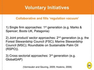 20
Voluntary Initiatives
Collaborative and fills ‘regulation vacuum’
1) Single firm approaches: 1st generation (e.g. Marks &
Spencer; Boots UK, Patagonia)
2) Joint product/ sector approaches: 2nd generation (e.g. the
Forest Stewardship Council (FSC); Marine Stewardship
Council (MSC); Roundtable on Sustainable Palm Oil
(RSPO)).
3) Cross sectorial approaches: 3rd generation (e.g.
GlobalGAP)
(Vermeulen and Seuring, 2009; Hoskins, 2008)
 