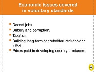 27
Economic issues covered
in voluntary standards
 Decent jobs.
 Bribery and corruption.
 Taxation.
 Building long-term shareholder/ stakeholder
value.
 Prices paid to developing country producers.
 
