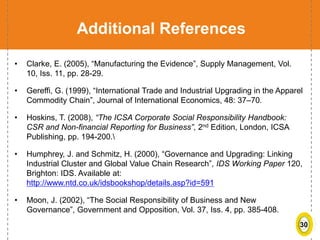 30
Additional References
• Clarke, E. (2005), “Manufacturing the Evidence”, Supply Management, Vol.
10, Iss. 11, pp. 28-29.
• Gereffi, G. (1999), “International Trade and Industrial Upgrading in the Apparel
Commodity Chain”, Journal of International Economics, 48: 37–70.
• Hoskins, T. (2008), “The ICSA Corporate Social Responsibility Handbook:
CSR and Non-financial Reporting for Business”, 2nd Edition, London, ICSA
Publishing, pp. 194-200.
• Humphrey, J. and Schmitz, H. (2000), “Governance and Upgrading: Linking
Industrial Cluster and Global Value Chain Research”, IDS Working Paper 120,
Brighton: IDS. Available at:
http://www.ntd.co.uk/idsbookshop/details.asp?id=591
• Moon, J. (2002), “The Social Responsibility of Business and New
Governance”, Government and Opposition, Vol. 37, Iss. 4, pp. 385-408.
 