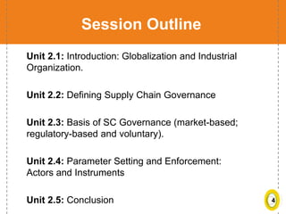 4
Session Outline
Unit 2.1: Introduction: Globalization and Industrial
Organization.
Unit 2.2: Defining Supply Chain Governance
Unit 2.3: Basis of SC Governance (market-based;
regulatory-based and voluntary).
Unit 2.4: Parameter Setting and Enforcement:
Actors and Instruments
Unit 2.5: Conclusion
 