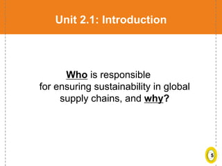 5
Unit 2.1: Introduction
Who is responsible
for ensuring sustainability in global
supply chains, and why?
 