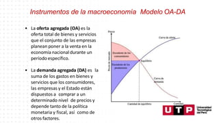 Instrumentos de la macroeconomía Modelo OA-DA
• La oferta agregada (OA) es la
oferta total de bienes y servicios
que el conjunto de las empresas
planean poner a la venta en la
economía nacional durante un
período específico.
• La demanda agregada (DA) es la
suma de los gastos en bienes y
servicios que los consumidores,
las empresas y el Estado están
dispuestos a comprar a un
determinado nivel de precios y
depende tanto de la política
monetaria y fiscal, así como de
otros factores.
 