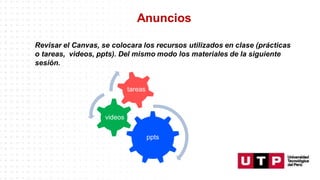 Anuncios
tareas
videos
ppts
Revisar el Canvas, se colocara los recursos utilizados en clase (prácticas
o tareas, videos, ppts). Del mismo modo los materiales de la siguiente
sesión.
 