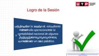 Logro de la Sesión
Al fi al z r la estu ia te
c
gest
Recuperado de
https://www.google.com/search?q=positivo&source=lnms&tbm=isch&sa=X&ved=2ahUKEwiL7uqHx9foAhUpD7kGHe5xDUEQ_AUoAXoE
CBQQAw#i mgrc=6IYHSfQMJfk_OM
i
m
Ap
lofirntaalizar la sedseiólanelt estuzdiante
eld
e
e
m
sa
ar
ilrollaoperaciones
m
de la
n
cs
ontabilidad nacional de algunos
n
ind
de
icb
aa
ds
oresmaacrosecosnómicos,
aprm
n
e
d
d
iz
ian
ete un cr
a
o
so pr
o
ácitico.
 