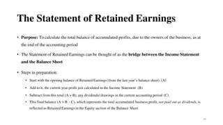 54
The Statement of Retained Earnings
• Purpose: To calculate the total balance of accumulated profits, due to the owners of the business, as at
the end of the accounting period
• The Statement of Retained Earnings can be thought of as the bridge between the Income Statement
and the Balance Sheet
• Steps in preparation:
• Start with the opening balance of Retained Earnings (from the last year’s balance sheet) (A)
• Add to it, the current year profit just calculated in the Income Statement (B)
• Subtract from this total (A + B), any dividends/ drawings in the current accounting period (C)
• This final balance (A + B – C), which represents the total accumulated business profit, not paid out as dividends, is
reflected as Retained Earnings in the Equity section of the Balance Sheet
 
