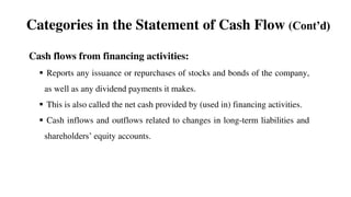 Cash flows from financing activities:
 Reports any issuance or repurchases of stocks and bonds of the company,
as well as any dividend payments it makes.
 This is also called the net cash provided by (used in) financing activities.
 Cash inflows and outflows related to changes in long-term liabilities and
shareholders’ equity accounts.
59
Categories in the Statement of Cash Flow (Cont’d)
 