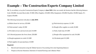 71
Example – The Construction Experts Company Limited
Mr. X, an architect, set up the Construction Experts Company in June 2010. After one month, the business had the following balances:
Cash, $20,000; Accounts Receivable, $7,000; Office Supplies, $10,000; Office Equipment, $30,000; Payables, $9,000; Equity, X’s
Capital, $58,000.
The following transactions took place in July 2010:
(a) Billed clients for services, $29,000 (g) Paid electricity expenses, $1,300
(b) Paid assistant’s salary, $2,500 (h) Bought office supplies on credit, $2,800
(c) Provided services and received cash, $14,000 (i) Took a bank loan, $15,000
(d) Collected payments due from clients, $26,000 (j) Bought office equipment for cash, $16,000
(e) Bought equipment on credit, $11,000 (k) Dividends paid, $12,000
(f) Paid suppliers for past purchases, $3,000
Required:
1. Record each transaction using the Tabular System of Accounting (first enter beginning balances)
2. Prepare an Income Statement, Statement of retained Earnings and a Balance Sheet
 