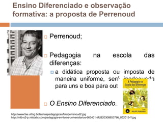 Ensino Diferenciado e observação
formativa: a proposta de Perrenoud
 Perrenoud;
 Pedagogia na escola das
diferenças:
 a didática proposta ou imposta de
maneira uniforme, será inadequada
para uns e boa para outros;
 O Ensino Diferenciado.
http://www.fae.ufmg.br/teoriaspedagogicas/fotoperrenoud2.jpg
http://mlb-s2-p.mlstatic.com/pedagogia-en-livros-universitarios-663401-MLB20308853796_052015-Y.jpg
 