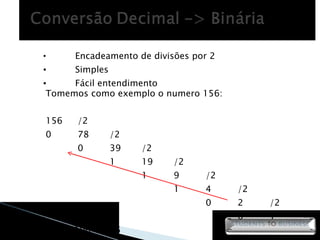 Tomemos como exemplo o numero 156: 156 /2 0 78 /2 0 39 /2 1 19 /2 1 9 /2 1 4 /2 0 2 /2 0 1 10011100 = 156 Encadeamento de divisões por 2 Simples Fácil entendimento 