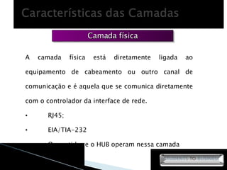 Camada física A camada física está diretamente ligada ao equipamento de cabeamento ou outro canal de comunicação e é aquela que se comunica diretamente com o controlador da interface de rede.  RJ45; EIA/TIA-232 O repetidor e o HUB operam nessa camada 