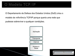 O Departamento de Defesa dos Estados Unidos (DoD) criou o modelo de  referência  TCP/IP porque queria uma rede que pudesse sobreviver a qualquer condições. 