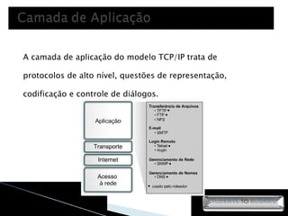 A camada de aplicação do modelo TCP/IP trata de protocolos de alto nível, questões de representação, codificação e controle de diálogos. 