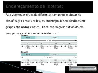 Para acomodar redes de diferentes tamanhos e ajudar na classificação dessas redes, os endereços IP são divididos em grupos chamados classes.  Cada endereço IP é dividido em uma parte da rede e uma parte do host . 