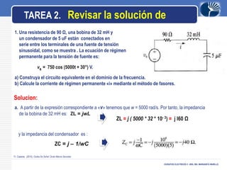 LOGO
CICRUITOS ELECTRICOS II -DRA. ING. MARGARITA MURILLO.
Fr. Casares. (2010). Ondas De Señal: Onda Alterna Senoidal.
TAREA 2. Revisar la solución de
1. Una resistencia de 90 Ω, una bobina de 32 mH y
un condensador de 5 uF están conectados en
serie entre los terminales de una fuente de tensión
sinusoidal, como se muestra . La ecuación de régimen
permanente para la tensión de fuente es:
vs = 750 cos (5000t + 30°) V.
a) Construya el circuito equivalente en el dominio de la frecuencia.
b) Calcule la corriente de régimen permanente «i» mediante el método de fasores.
Solucion:
a. A partir de la expresión correspondiente a «v» tenemos que w = 5000 rad/s. Por tanto, la impedancia
de la bobina de 32 mH es: ZL = jwL
ZL = j ( 5000 * 32 * 10- 3) = j l60 Ω
y la impedancia del condensador es :
ZC = j – 1/wC
 