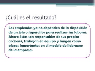 ¿Cuál es el resultado?
Los empleados ya no dependen de la disposición
de un jefe o supervisor para realizar sus labores.
Ahora éstos son responsables de sus propias
acciones, trabajan en equipo y fungen como
piezas importantes en el modelo de liderazgo
de la empresa.
 