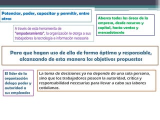 Para que hagan uso de ella de forma óptima y responsable,
alcanzando de esta manera los objetivos propuestos
Potenciar, poder, capacitar y permitir, entre
otras Abarca todas las áreas de la
empresa, desde recursos y
capital, hasta ventas y
mercadotecnia
A través de esta herramienta de
"empoderamiento", la organización le otorga a sus
trabajadores la tecnología e información necesaria
La toma de decisiones ya no depende de una sola persona,
sino que los trabajadores poseen la autoridad, crítica y
responsabilidad necesarias para llevar a cabo sus labores
cotidianas.
El líder de la
organización
delega poder y
autoridad a
sus empleados
 