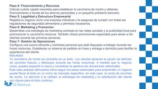 Paso 4: Financiamiento y Recursos
Calcula cuánto capital necesitas para establecer la cevichería de noche y obtienes
financiamiento a través de tus ahorros personales y un pequeño préstamo bancario.
Paso 5: Legalidad y Estructura Empresarial
Registra tu negocio como una empresa individual y te aseguras de cumplir con todas las
regulaciones de seguridad alimentaria y permisos necesarios.
Paso 6: Marketing y Promoción
Desarrollas una estrategia de marketing centrada en las redes sociales y la publicidad local para
promocionar tu cevichería nocturna. También ofrece promociones especiales para atraer a los
clientes durante las primeras semanas.
Paso 7: Gestión de Operaciones
Configura una cocina eficiente y contratas personal que esté dispuesto a trabajar durante las
horas nocturnas. Estableces un sistema de pedidos en línea y entrega a domicilio para facilitar la
experiencia del cliente.
Resultado:
Tu cevichería de noche se convierte en un éxito. Los clientes aprecian la opción de disfrutar
de ceviches frescos y deliciosos durante las horas nocturnas. A medida que tu negocio
crece, puedes expandir tu menú y considerar la apertura de ubicaciones adicionales.
Este caso práctico demuestra cómo seguir los pasos esenciales para emprender un negocio
puede llevar al éxito en un nicho de mercado específico, en este caso, la venta de ceviches
de noche. La atención a la calidad, la estrategia de marketing y la satisfacción del cliente
son claves para el éxito continuo.
 