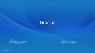 AYACUCHO
Alameda Valdelirios 390 - Huamanga
Central telefónica: +511 6400267
Línea gratuita: 0-800-71955
APURÍMAC
Jr. Ayacucho 425 - Andahuaylas
Central telefónica: +511 6400269
Línea gratuita: 0-800-71955
www.ilp.edu.pe
Gracias
 