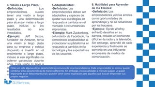 4. Visión a Largo Plazo:
•Definición: Los
emprendedores suelen
tener una visión a largo
plazo y una determinación
para alcanzar metas a largo
plazo, incluso si los
resultados no son
inmediatos.
•Ejemplo: Jeff Bezos,
fundador de Amazon, tenía
una visión a largo plazo
para su empresa y estaba
dispuesto a invertir en el
crecimiento a largo plazo,
incluso si eso significaba no
obtener ganancias durante
años. Esta visión lo llevó a
construir una de las
empresas más grandes del
mundo.
5.Adaptabilidad:
•Definición: Los
emprendedores deben ser
adaptables y capaces de
ajustar sus estrategias en
respuesta a cambios en el
mercado o circunstancias
imprevistas.
•Ejemplo: Mark Zuckerberg,
cofundador de Facebook, ha
demostrado adaptabilidad al
evolucionar su plataforma en
respuesta a cambios en la
tecnología y las expectativas
de los usuarios.
6. Habilidad para Aprender
de los Errores:
•Definición: Los
emprendedores ven los errores
como oportunidades de
aprendizaje y no se desaniman
por los fracasos.
•Ejemplo: Oprah Winfrey
enfrentó desafíos en su
carrera, incluido un comienzo
difícil en la radio y la televisión.
Sin embargo, aprendió de cada
experiencia y finalmente se
convirtió en una influyente
empresaria de medios de
comunicación.
Estas son solo algunas de las características comunes de los emprendedores. Cada emprendedor es único y puede
combinar estas características de manera diferente. Sin embargo, estas cualidades a menudo juegan un papel
importante en el éxito empresarial y pueden servir como inspiración para aquellos que buscan emprender sus
propios negocios.
 