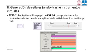 II. Generación de señales (analógicas) e instrumentos
virtuales
• EXP2-2. Rediseñar el flowgraph de EXP2-1 para poder variar los
parámetros de frecuencia y amplitud de la señal sinusoidal en tiempo
real.
H. Miyashiro 16
Start StopStep
 